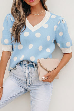 Haute Spot Blue Polka Dot Sweater Top