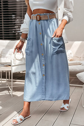 Strolling Downtown Buttoned Front High Waist Denim Maxi Skirt