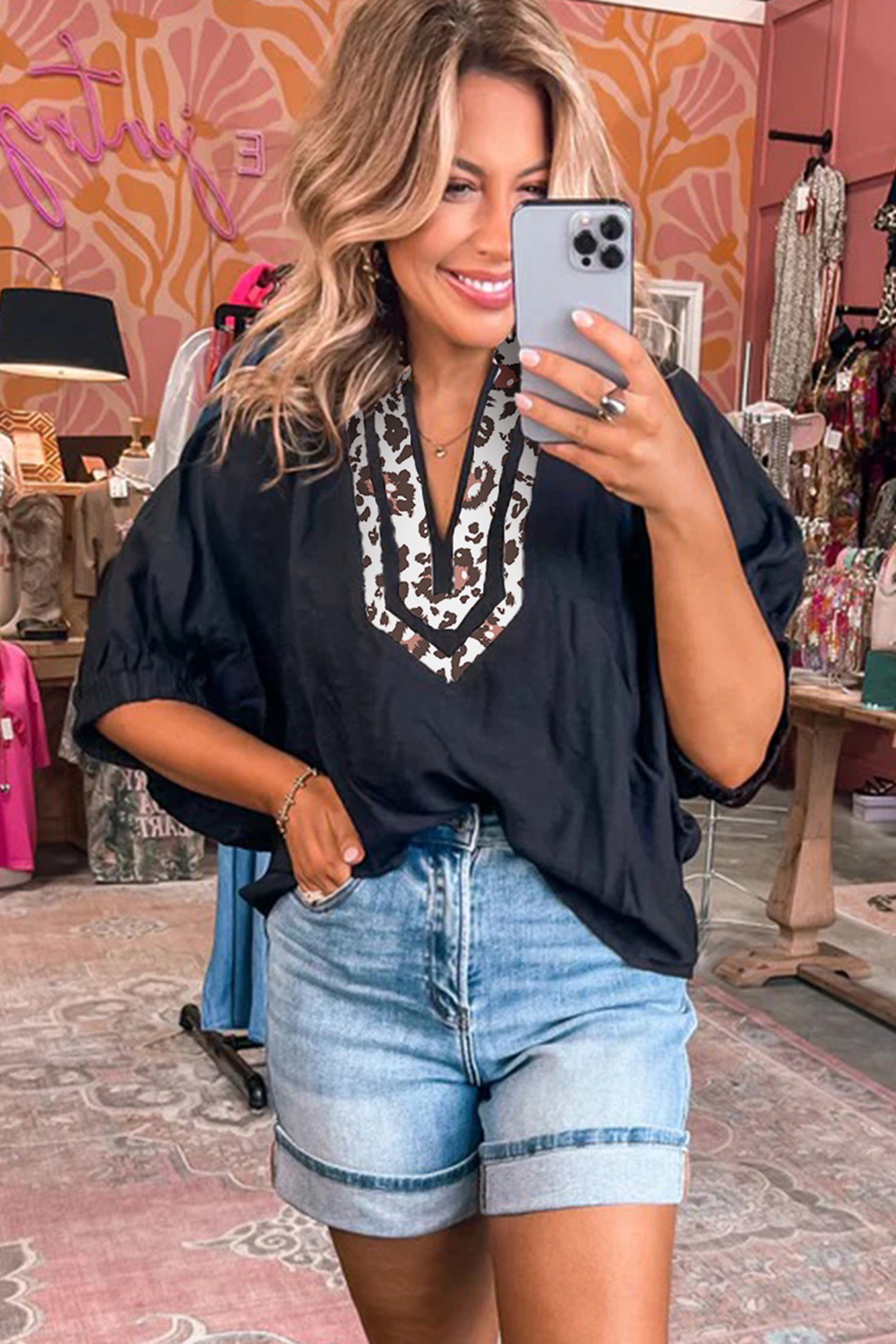 Just Feels Like Me Black Leopard Trim Dolman Top