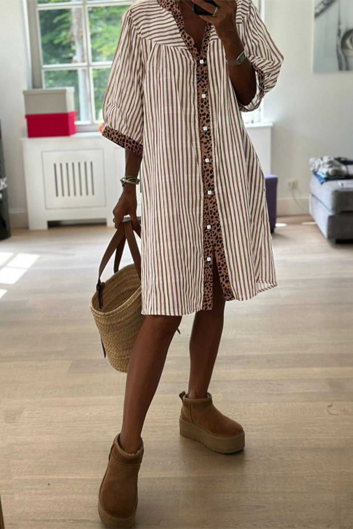 Meet Me Downtown Khaki Stripe Shirt Dress