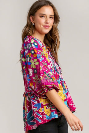 Mulberry Lane Floral Print Tie Neck Peplum Blouse Plus Size - T11052MB