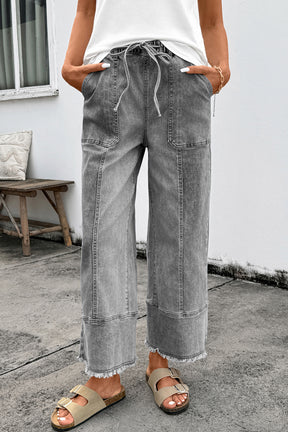 Worth Your While Gray Drawstring Wide Leg Denim Pant