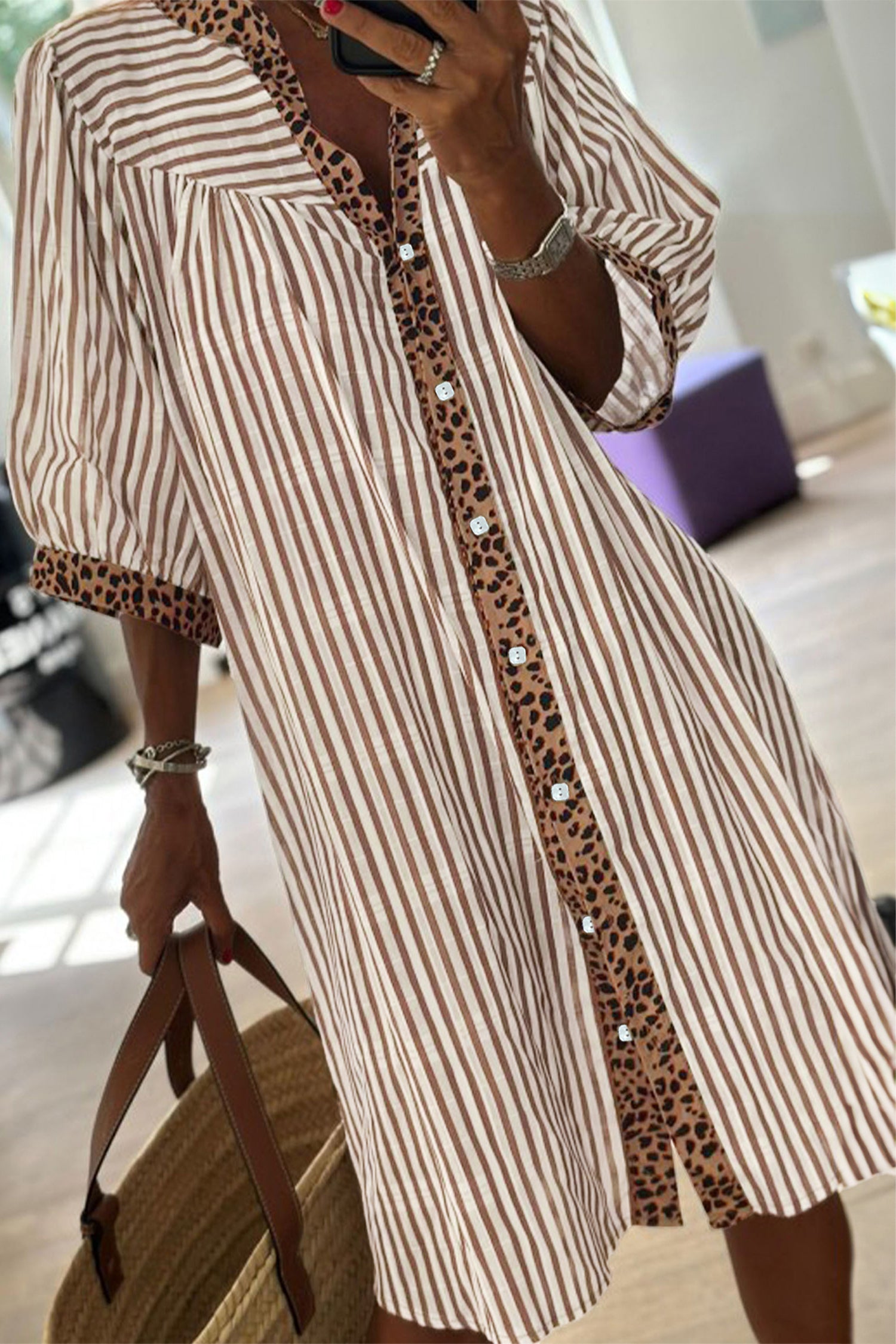 Meet Me Downtown Khaki Stripe Shirt Dress