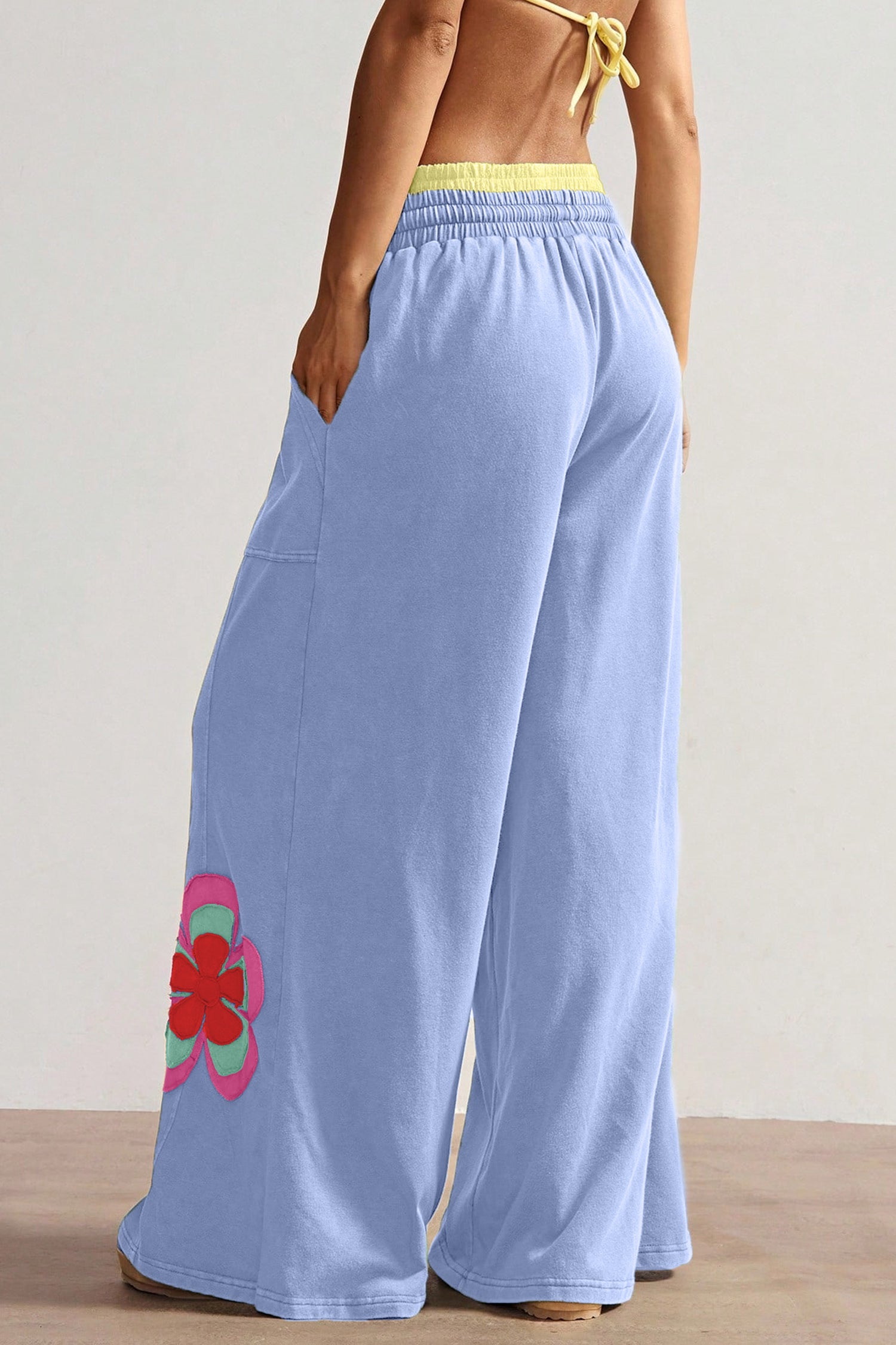 Boho Feels Sky Blue Flower Patchwork Drawstring Wide Leg Pants