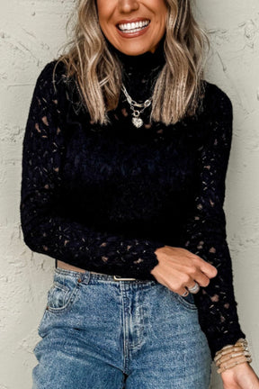 Timeless Grace Crochet Turtleneck Long Sleeve Black Top - T10946BK