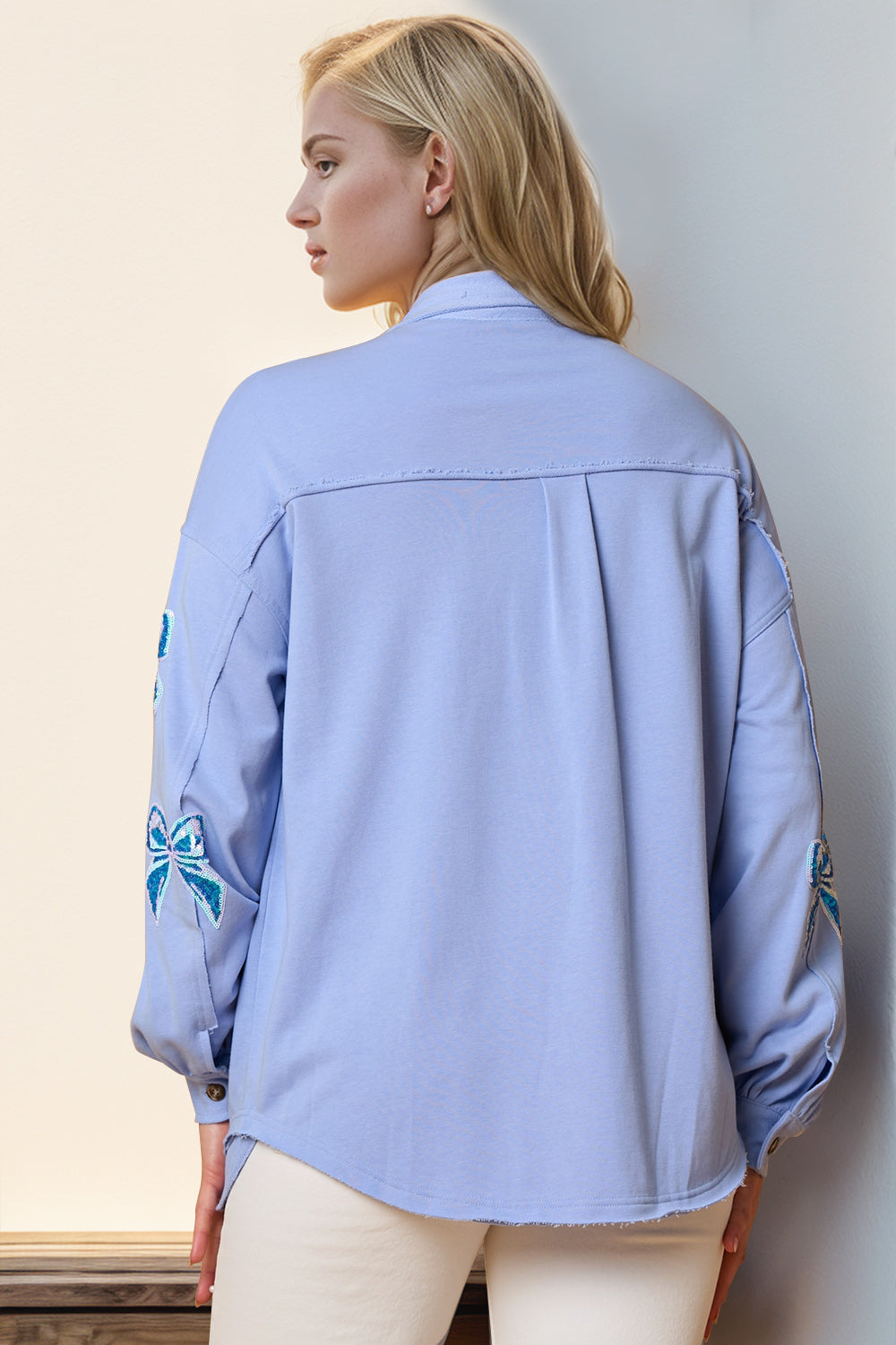 Bow-ti-Ful Sequin Bow Button Up Light Blue Shacket - O5780BL