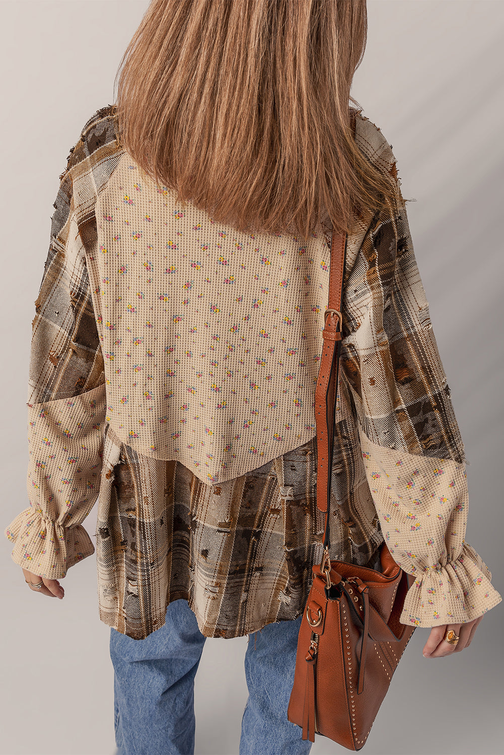 Simply Boho Oatmeal Plaid Patchwork Distressed Waffle Knit Shacket