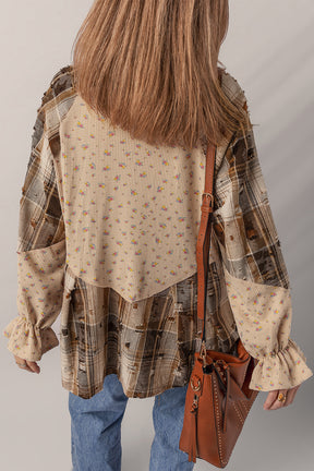 Simply Boho Oatmeal Plaid Patchwork Distressed Waffle Knit Shacket