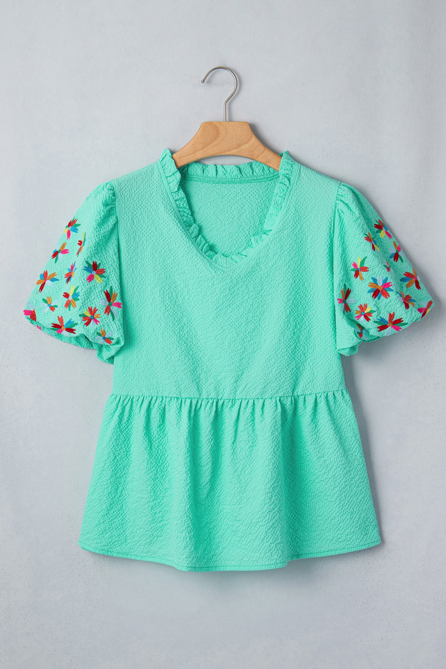 Mint All Day Embroidered Puff Sleeve Textured Top