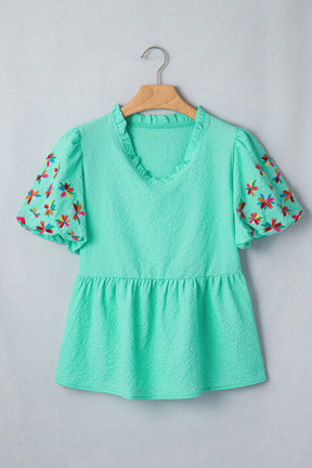 Mint All Day Embroidered Puff Sleeve Textured Top