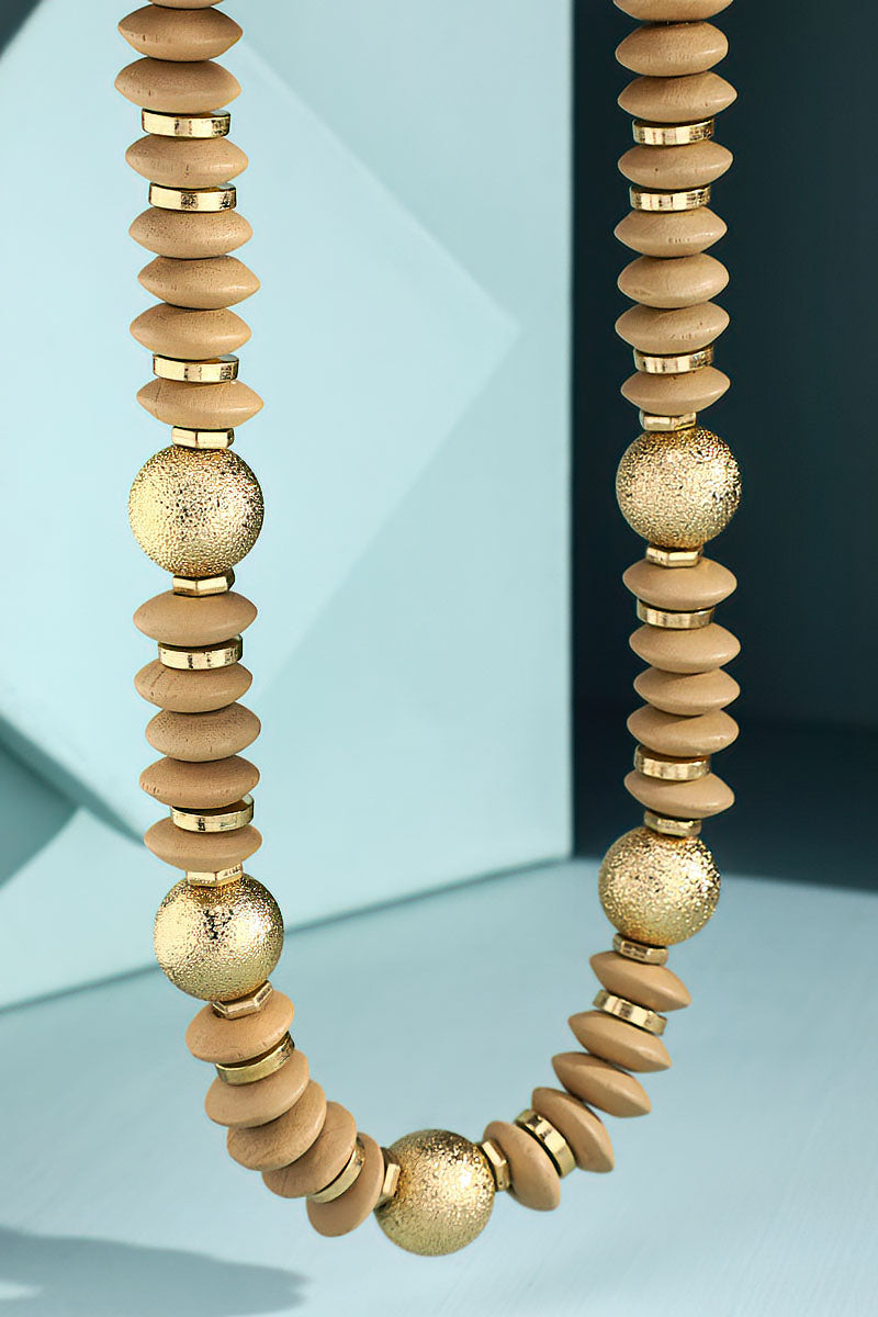 Nude Metal & Wood Disk Bead Necklace - N105NU