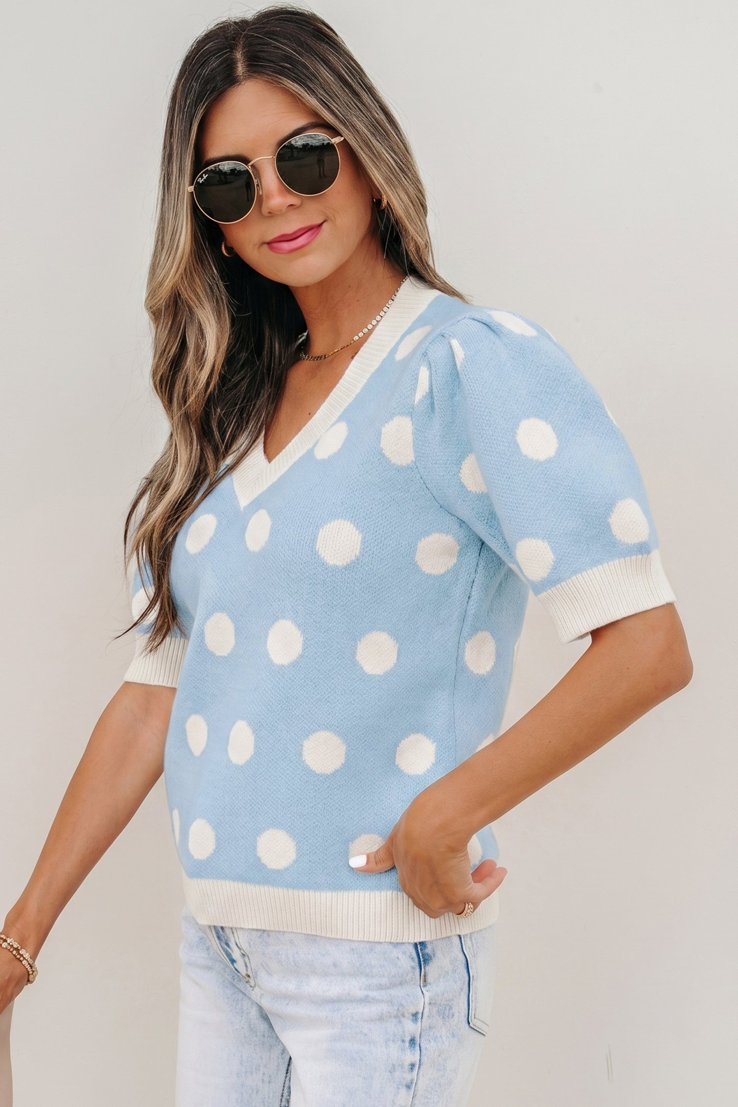 Haute Spot Blue Polka Dot Sweater Top