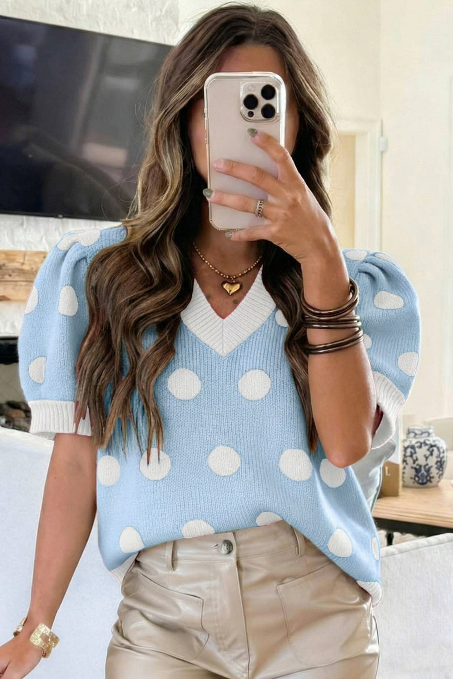 Haute Spot Blue Polka Dot Sweater Top
