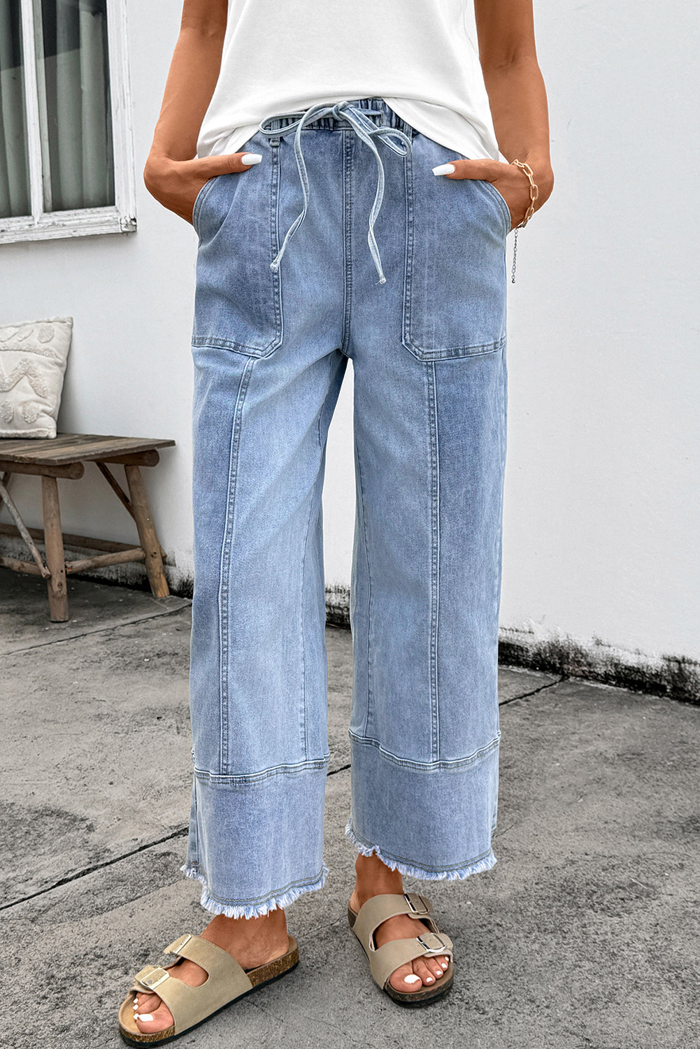 Worth Your While Light Blue Drawstring Wide Leg Denim Pant
