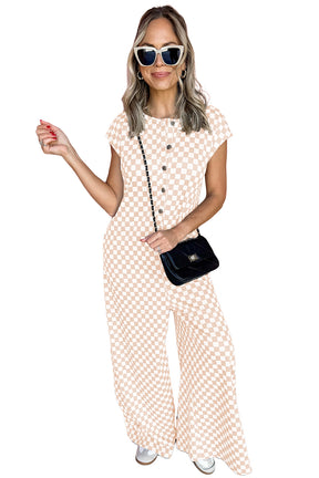 Check On That Apricot Checkered Jumpsuit