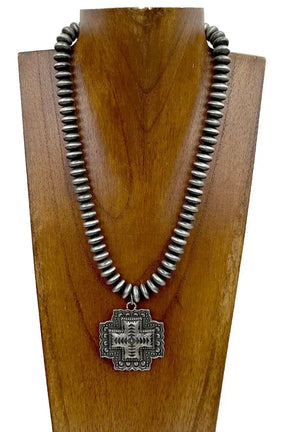 Navajo Beads with Silver Metal Cross Necklace - N032SI