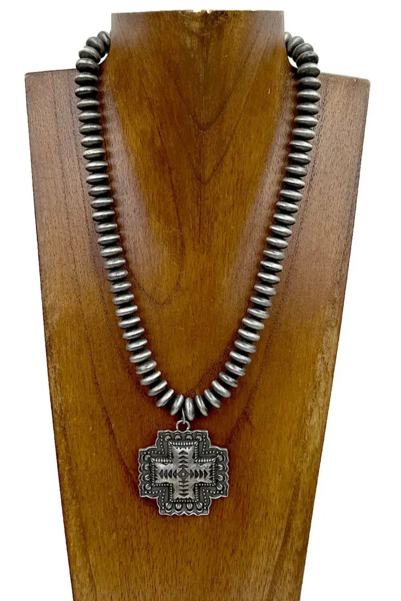 Navajo Beads with Silver Metal Cross Necklace - N032SI