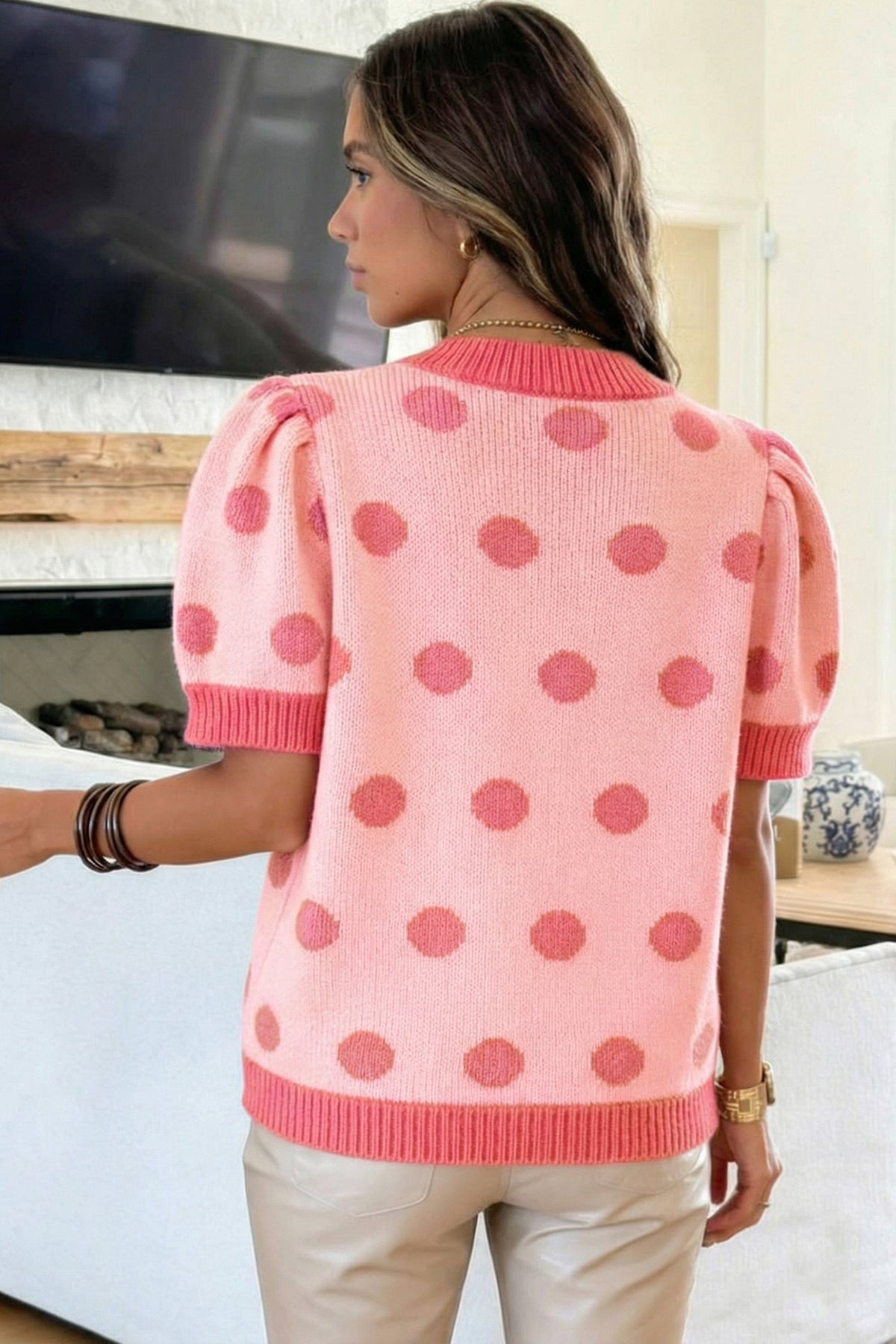 Haute Spot Rose Red Polka Dot Sweater Top