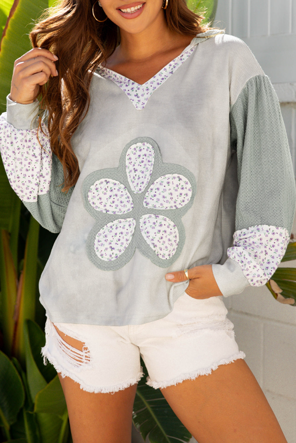 Simply Patched Green Waffle V Neck Top