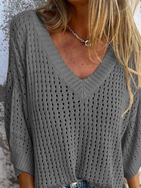 Keep It Breezy V-Neck Dark Gray Knit Top - T11034GR