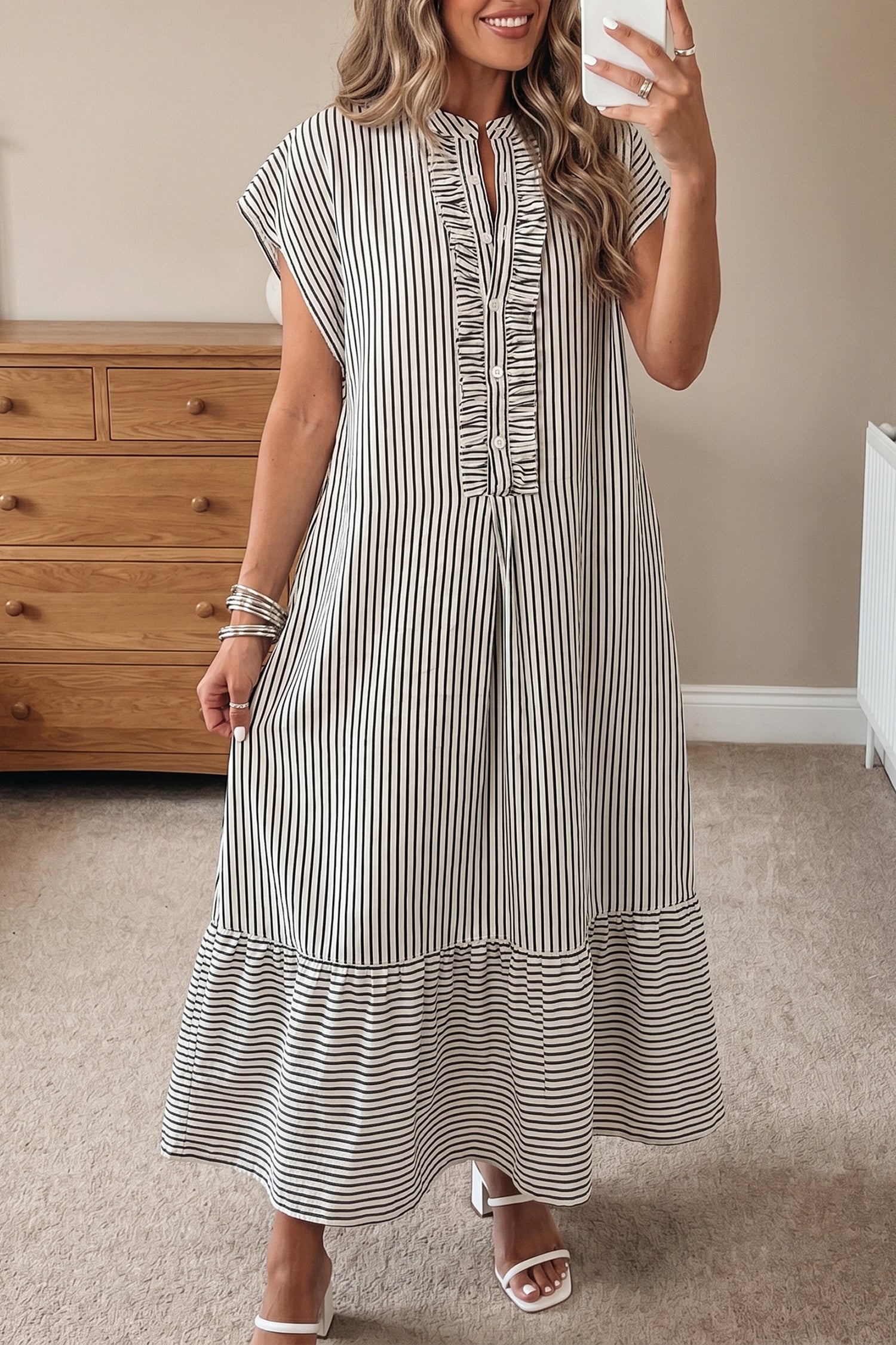 Country Charm Black Stripe Frilled Detail Dress Black Stripe / S