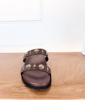 Briallen Western Studded Turquoise Sandal in Chocolate