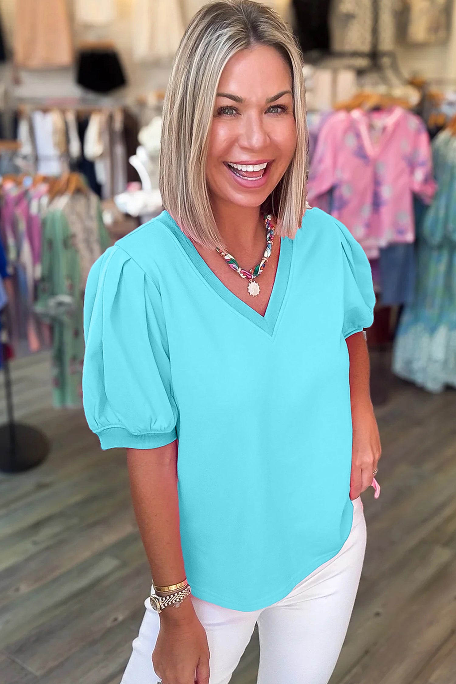 Glam Girl Era Turquoise Puff Sleeve Top