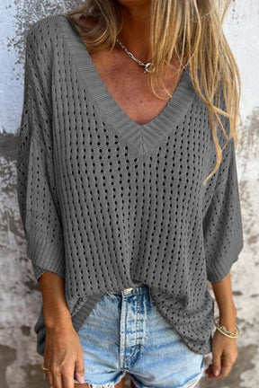 Keep It Breezy V-Neck Dark Gray Knit Top - T11034GR