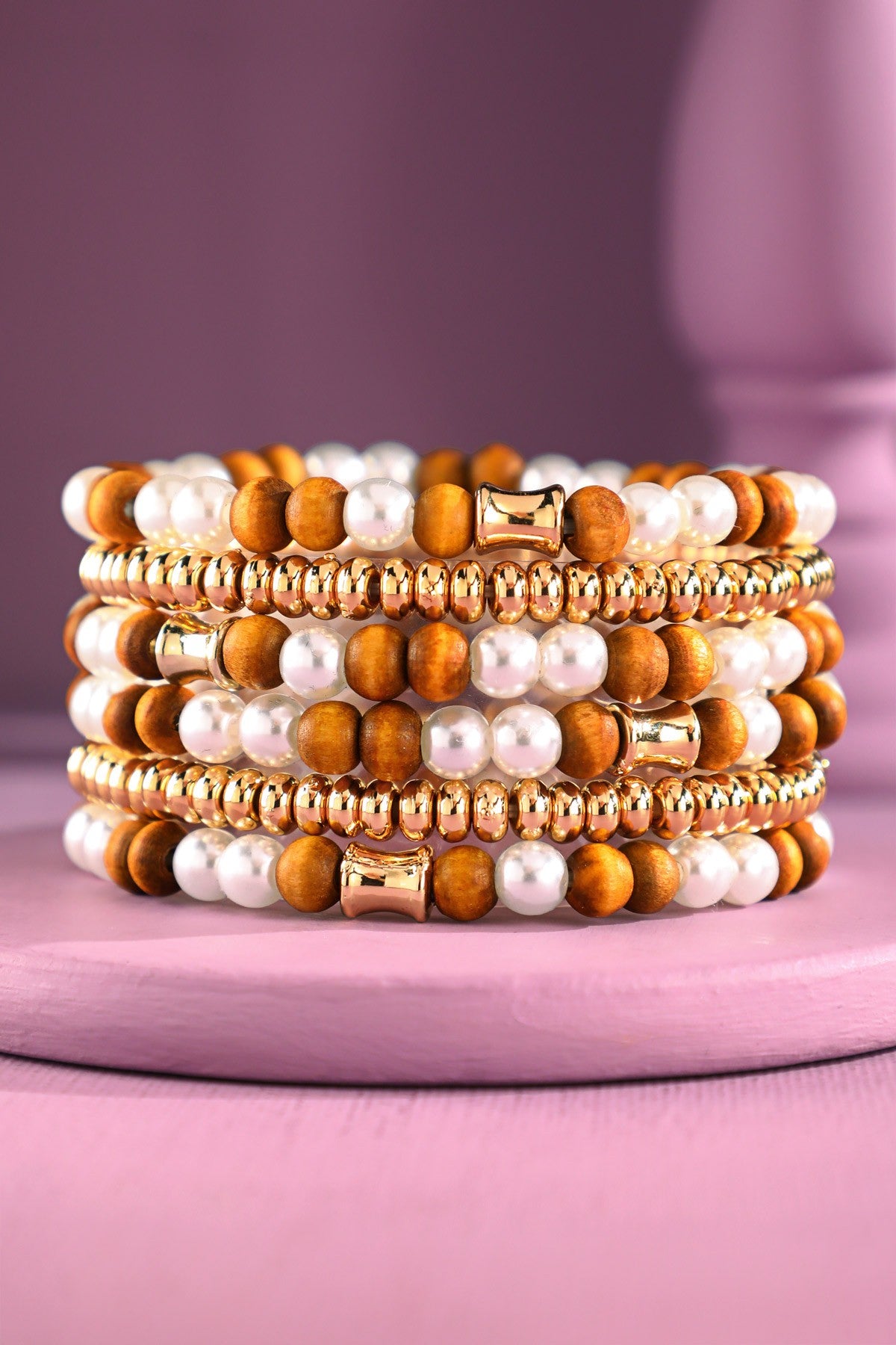 Brown Wood and Pearl Beaded Stretch Bracelet - B053BR