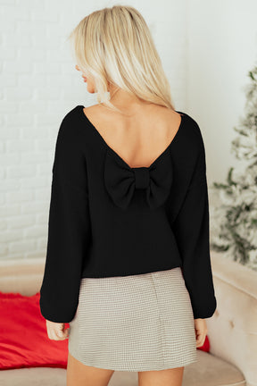 Bow Bella - Black Bow Backless Bubble Sleeve Sweater