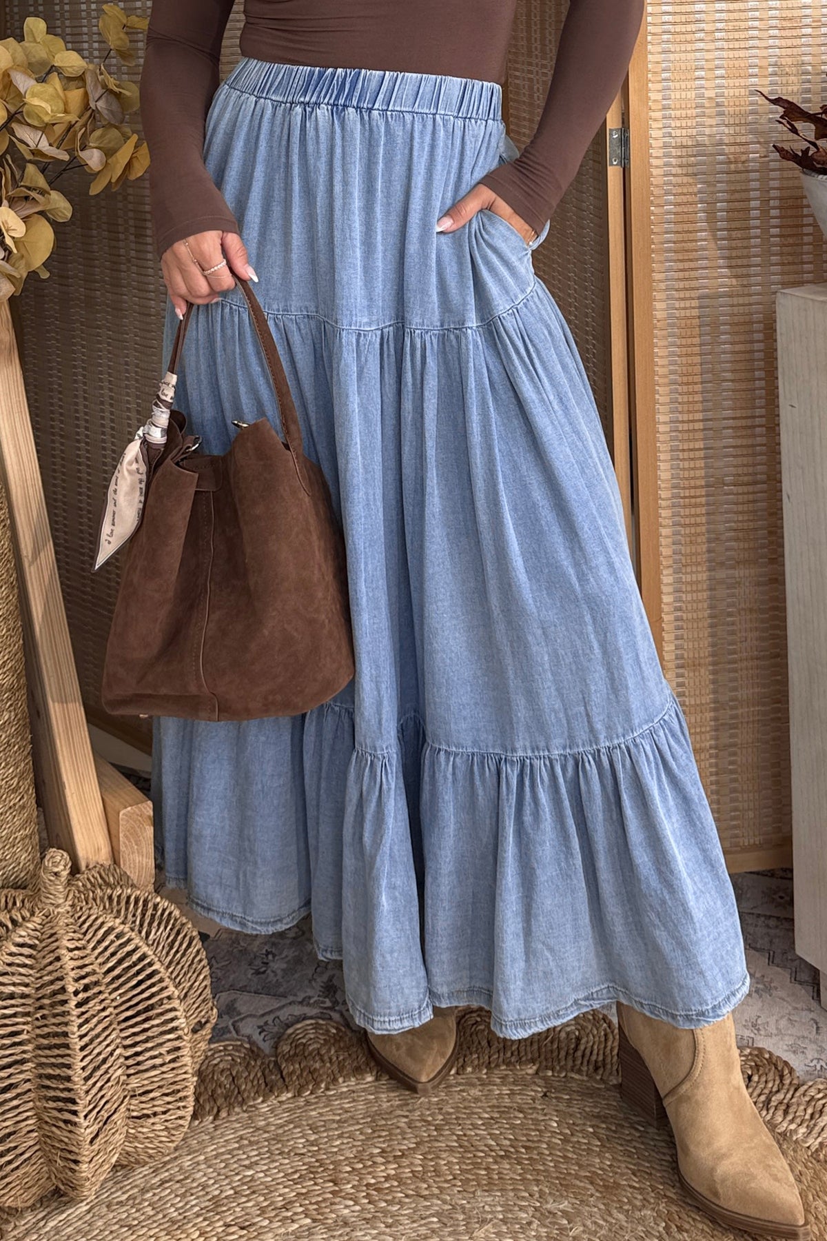 Denim Diva Ruffled Tiered Maxi Skirt
