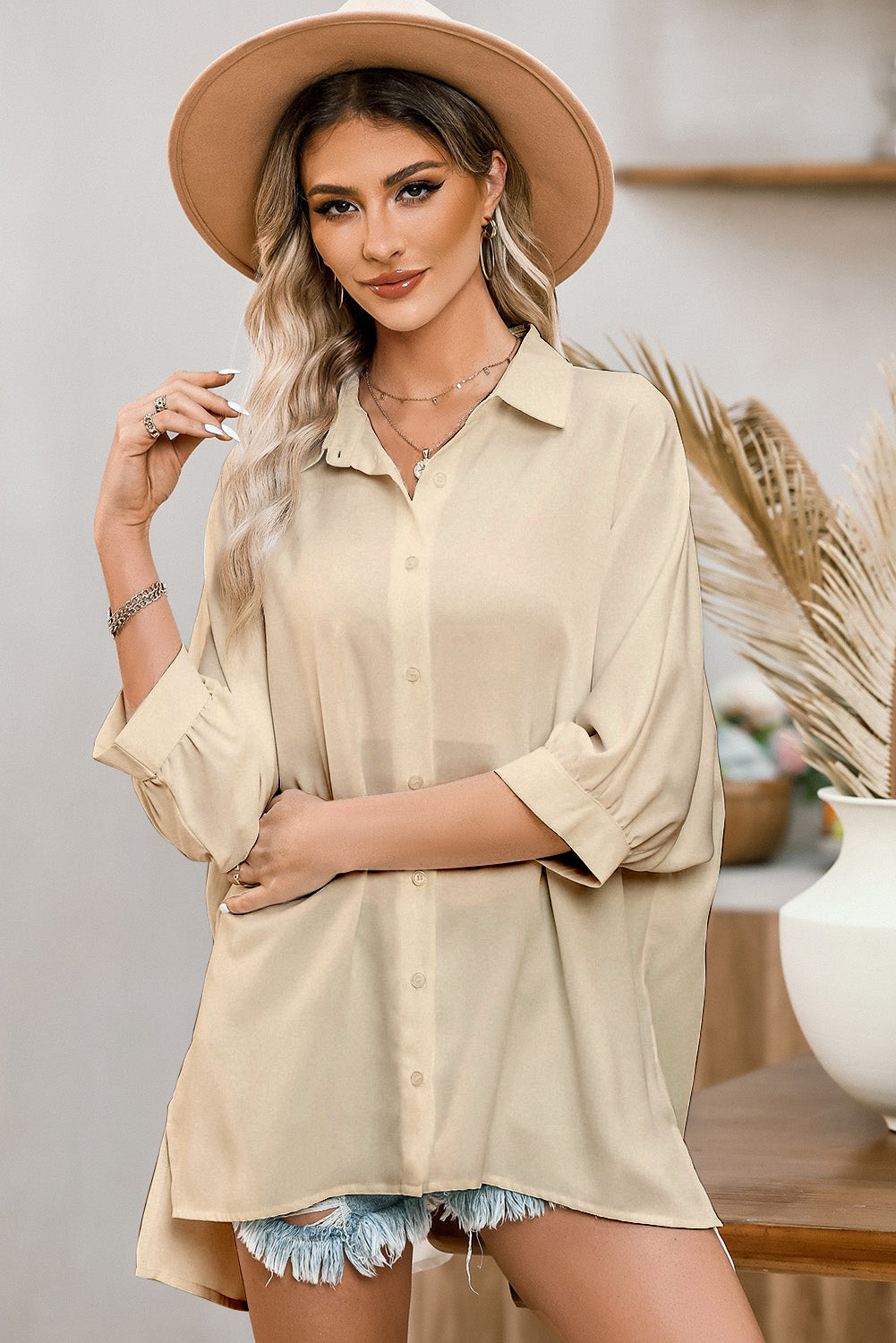 Basically Chic Apricot 3/4 Puff Sleeve Top
