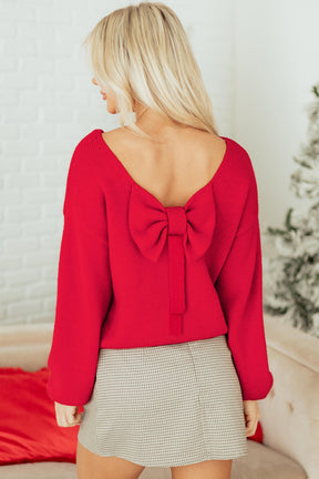 Bow Bella- Red Festive Bow Backless Bubble Sleeve Sweater