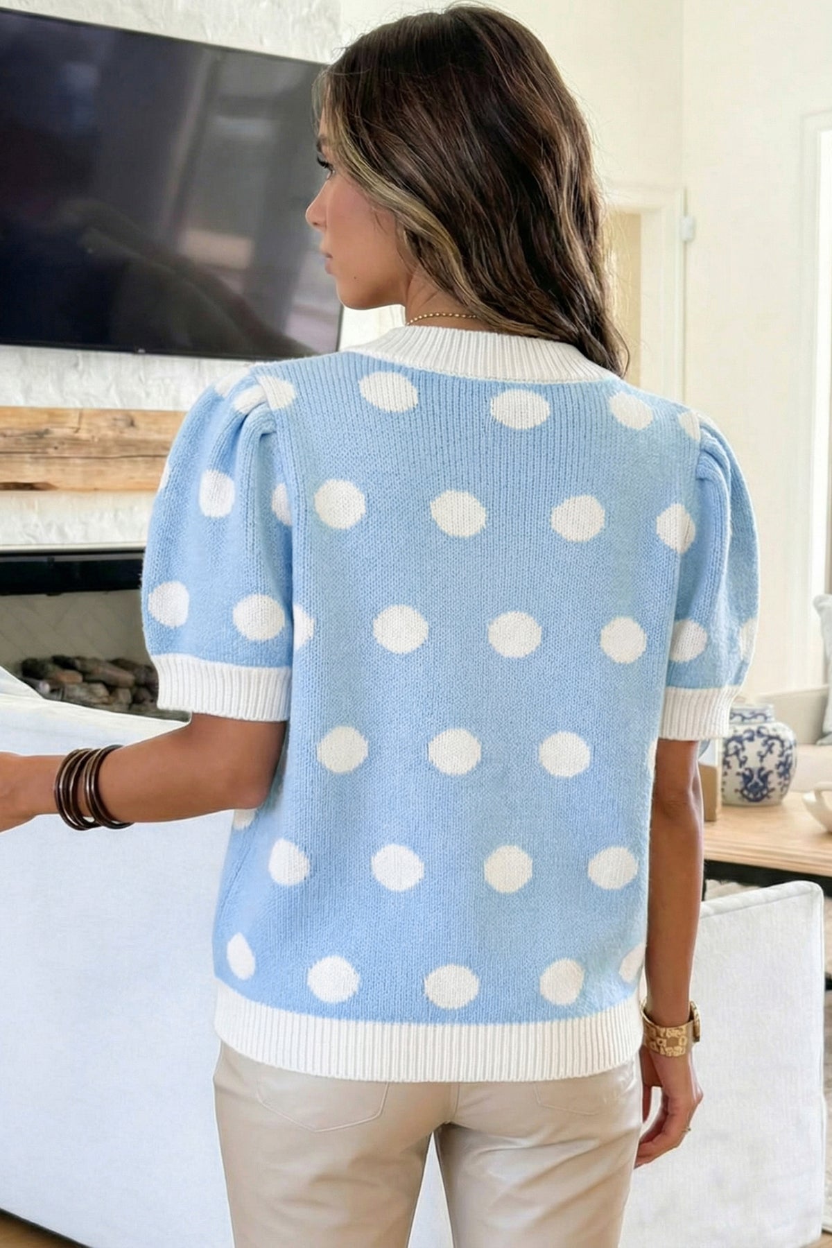 Haute Spot Blue Polka Dot Sweater Top