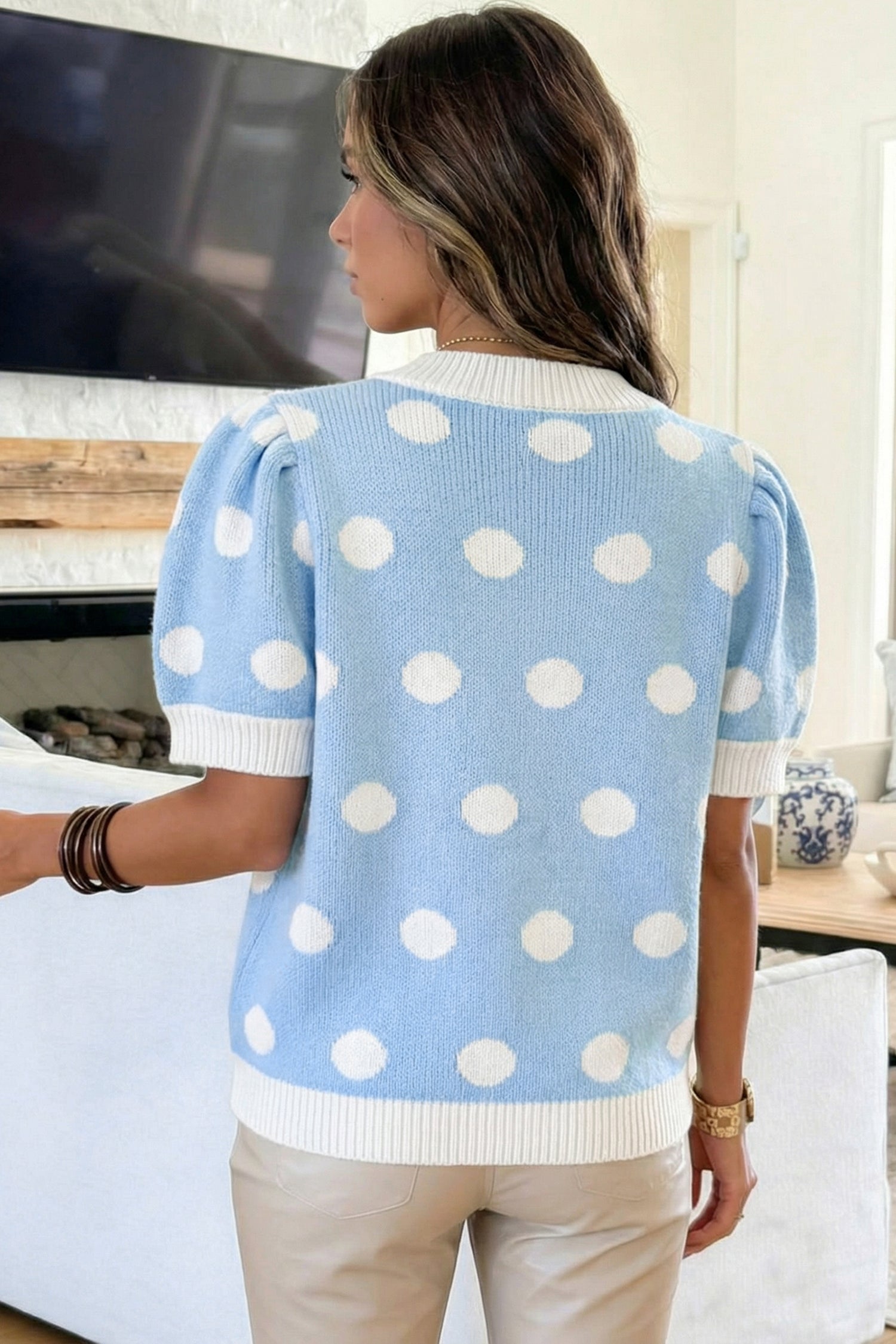 Haute Spot Blue Polka Dot Sweater Top