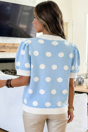 Haute Spot Blue Polka Dot Sweater Top