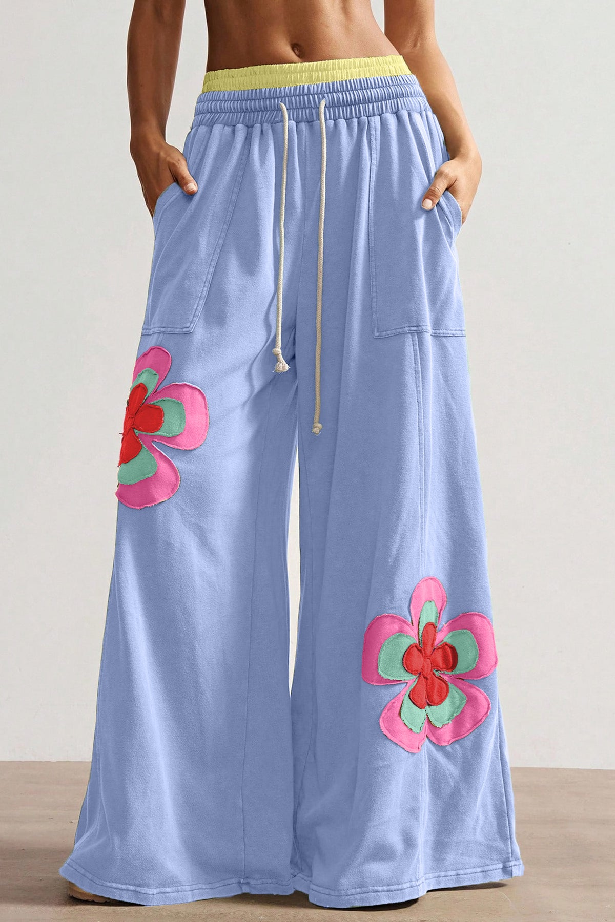 Boho Feels Sky Blue Flower Patchwork Drawstring Wide Leg Pants