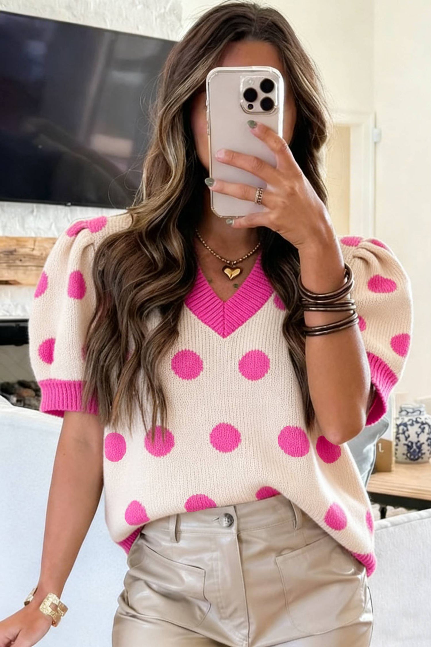 Haute Spot Pink Polka Dot Sweater Top