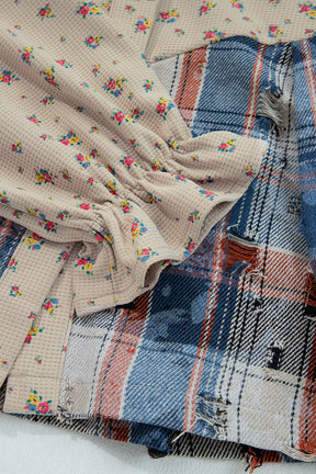 Simply Boho Blue Plaid Patchwork Distressed Waffle Knit Shacket