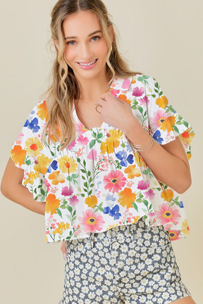 The Floral Edit Yellow Ruffled Sleeve V Neck Top