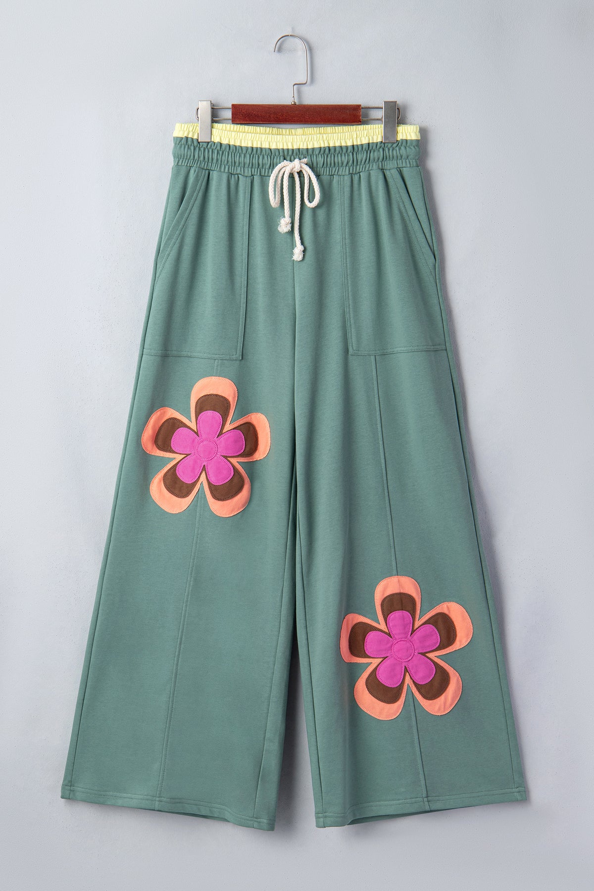 Boho Feels Sea Green Flower Patchwork Drawstring Wide Leg Pants