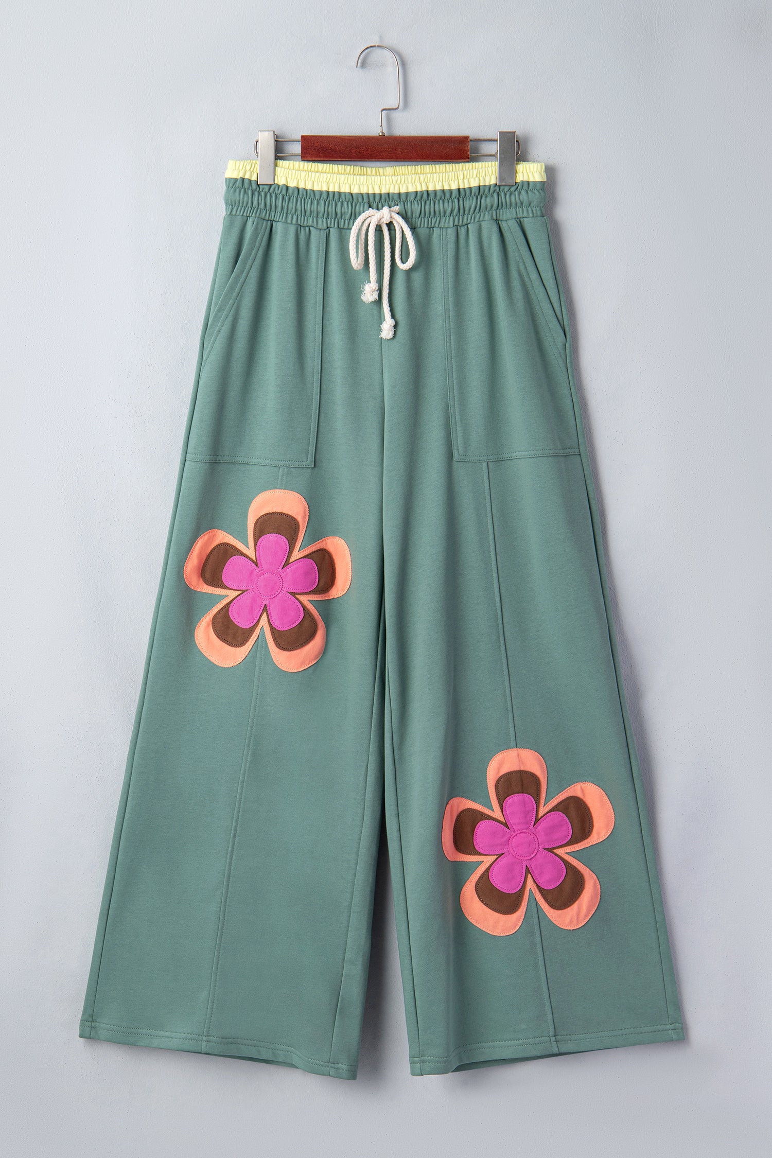 Boho Feels Sea Green Flower Patchwork Drawstring Wide Leg Pants