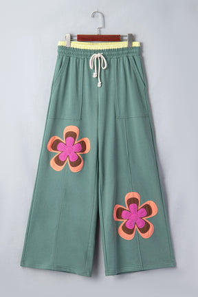 Boho Feels Sea Green Flower Patchwork Drawstring Wide Leg Pants