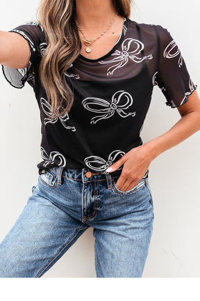Boldly Tied Black Bow Mesh Sheer Top