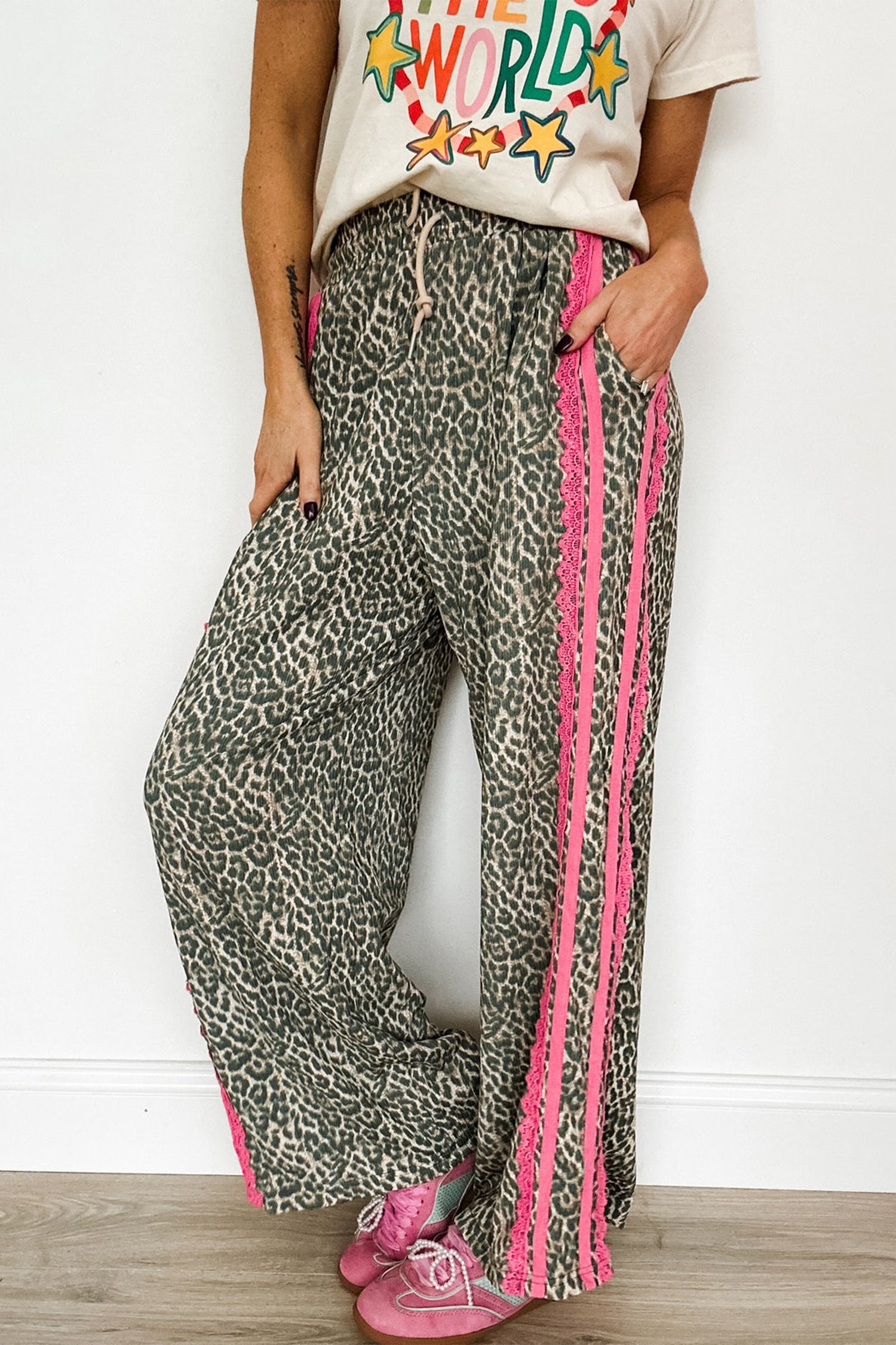Pretty Fierce Pink Contrast Lace Striped Detail Drawstring Pants