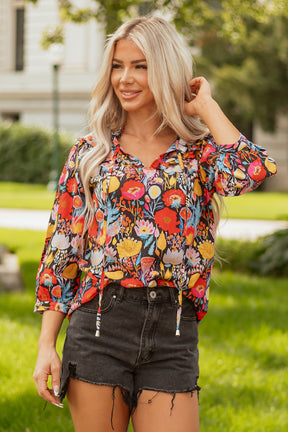 Flirty In Floral 3/4 Puff Sleeve Top