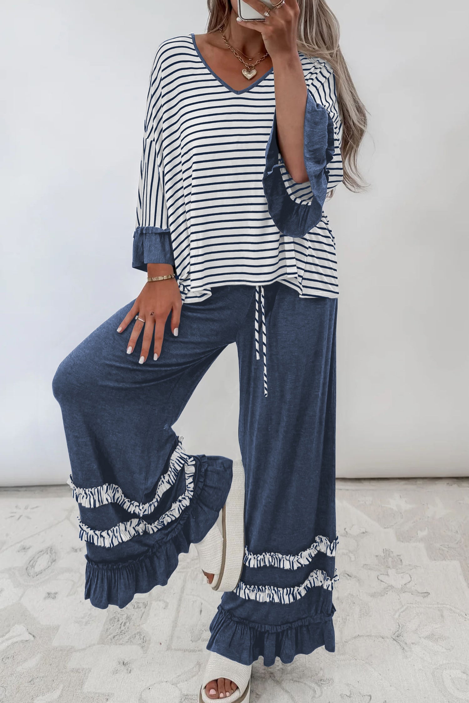 Ruffle Me Cozy Blue Top And Pant Set