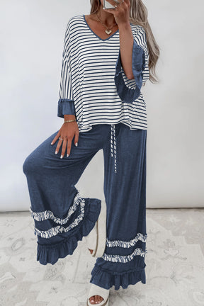 Ruffle Me Cozy Blue Top And Pant Set