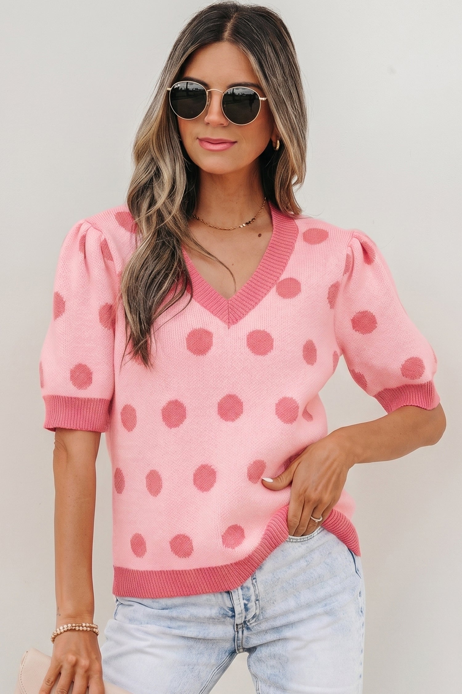 Haute Spot Rose Red Polka Dot Sweater Top