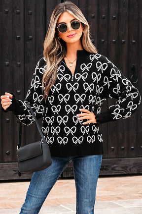Zipped in Bows Zipped Collar Sweater